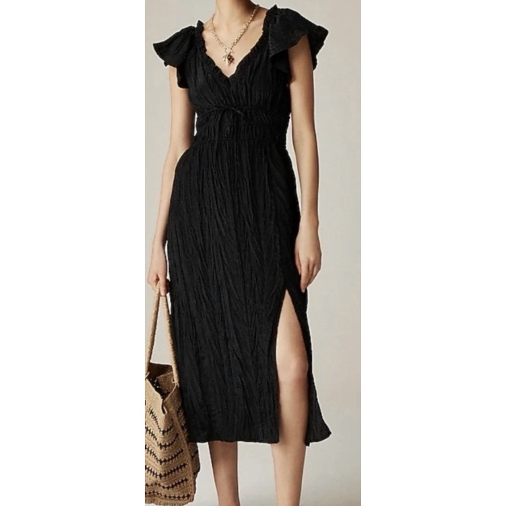 J.Crew Palermo Dress Womens M Tall Black Crinkle Ruffle Midi NWT CK927